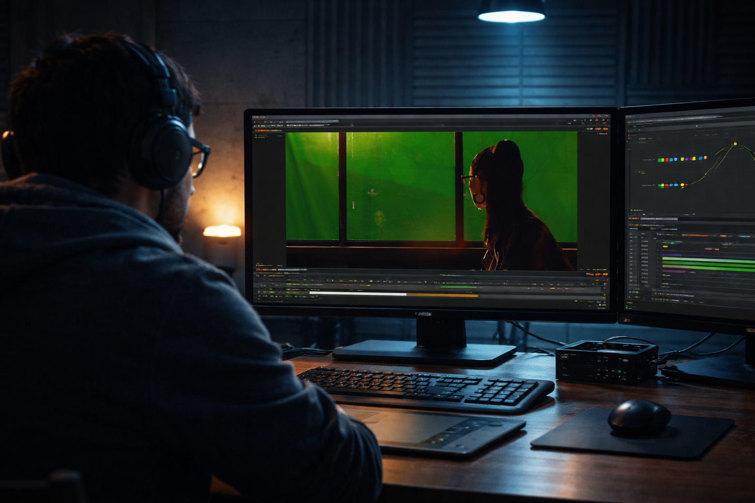 A professional VFX artist working on a green screen shot on a computer
                            workstation while delivering high-quality VFX services